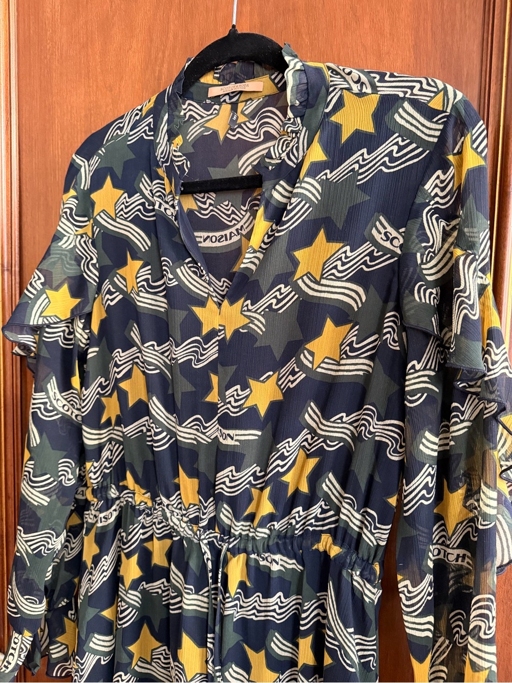 Scotch & Soda Yellow & Green Star Navy Print Ruffle Maxi Dress Size Small - Picture 2 of 7